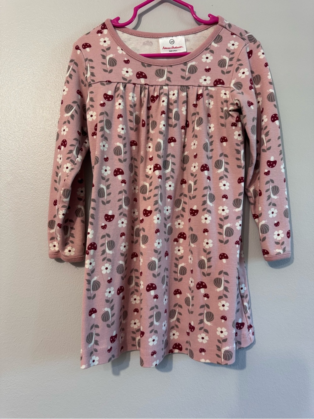 Hanna Andersson Girls Size 4 Pink Mushroom Floral Long Sleeve Cotton Dress